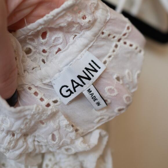 Ganni Broderie Anglaise Mini Dress White Eyelet Lace Tent Tie Strap SZ 14 - Picture 5 of 7
